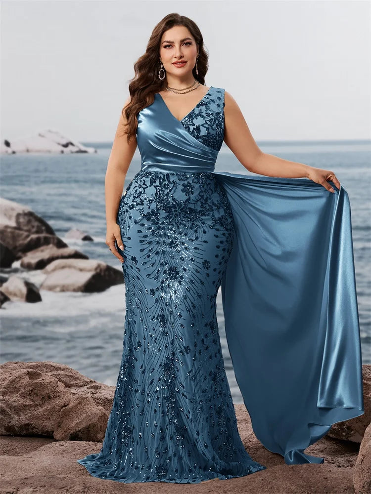 Plus size elegant V-neck sequin evening dress by Showlu Fashion, sleeveless mermaid style for formal parties and events