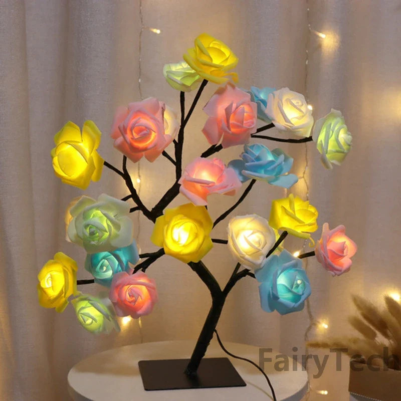 SHOWLU LED Rose Flower Table Lamp with stainless steel base, fairy night light, elegant decor for home or bedroom.