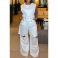 White two-piece pant set for women with pockets, plus size fashion by Showlu Fashion, styled for casual or everyday wear.