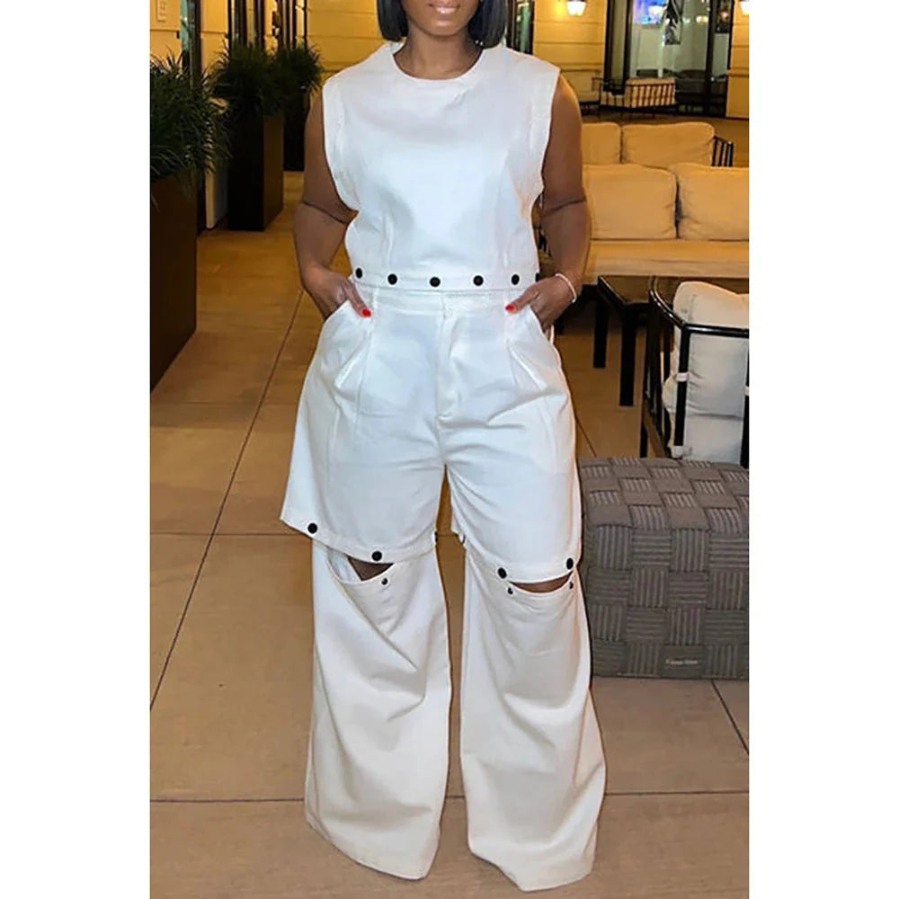 White two-piece pant set for women with pockets, plus size fashion by Showlu Fashion, styled for casual or everyday wear.