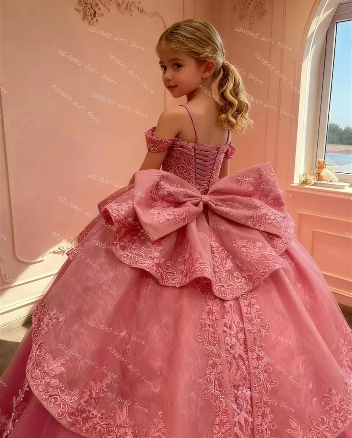 Pink flower girl dress for wedding with bowknot, appliques, short sleeves, floor length, suitable for birthday and first communion.