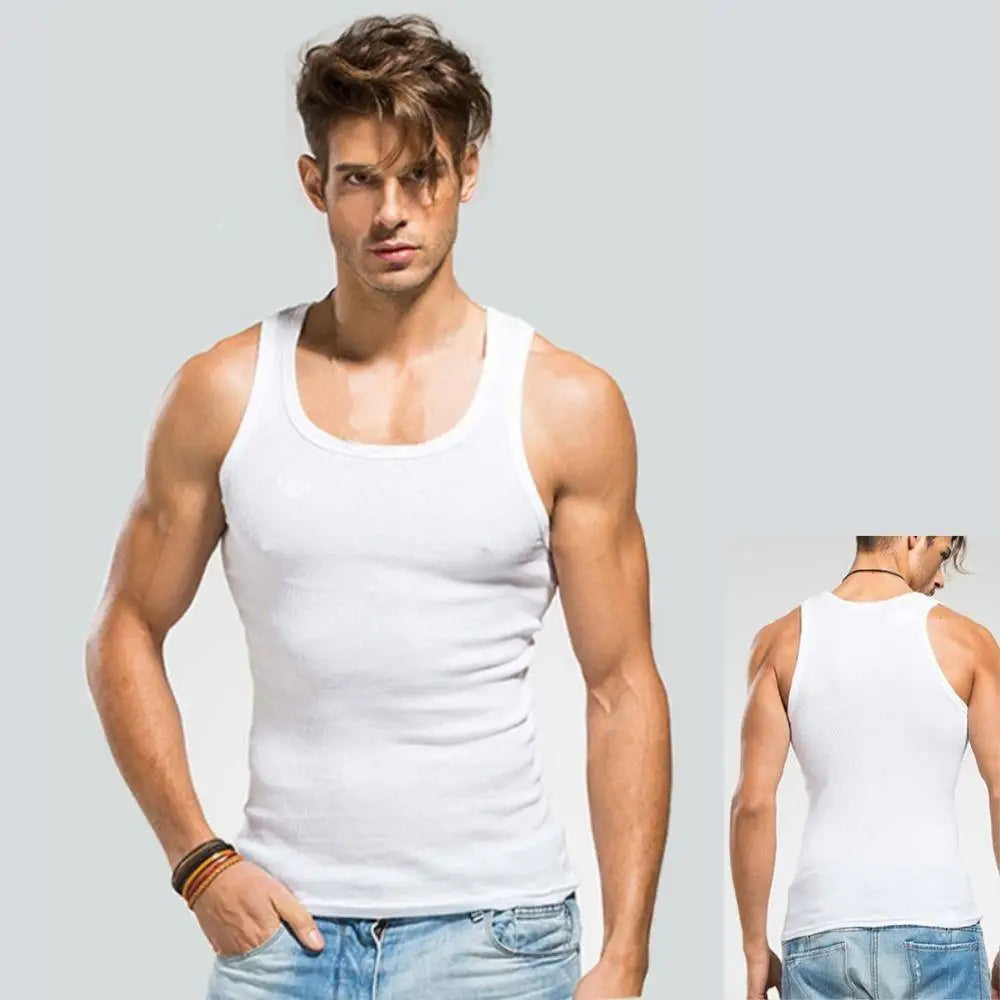 Men's sleeveless breathable cotton fitness tank top from Showlu Fashion Store, shown in a close-up view highlighting fabric and fit.