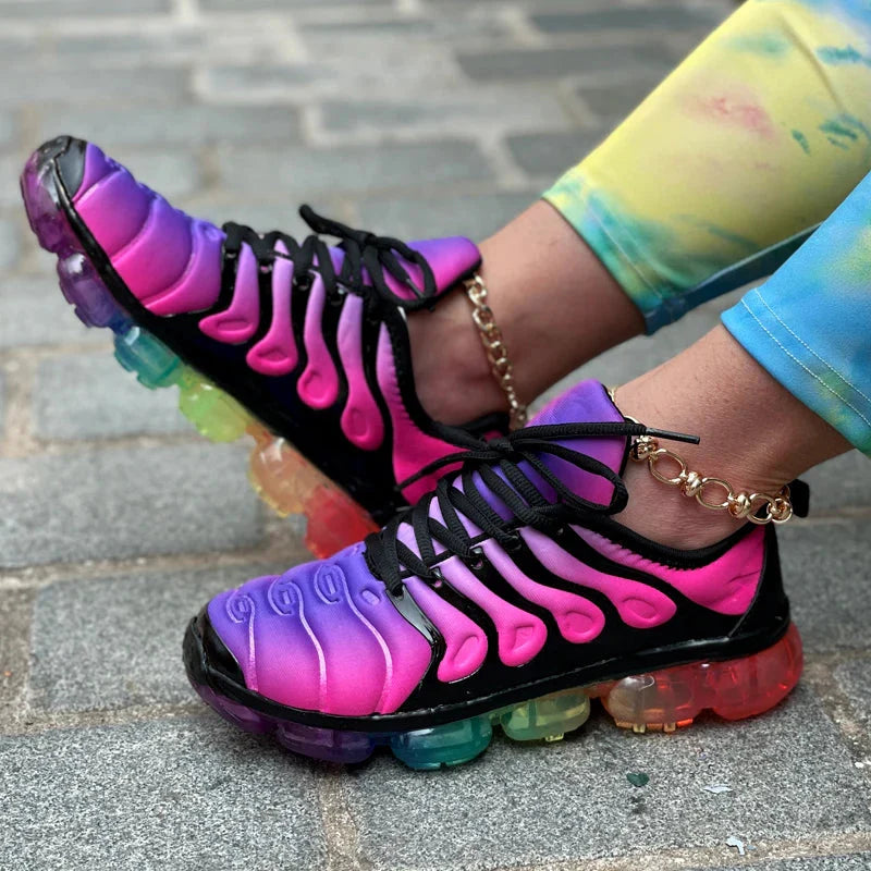 Unisex Captain Running Mesh Rainbow Sneakers with transparent soles and colorful mesh upper for sporty, stylish footwear.