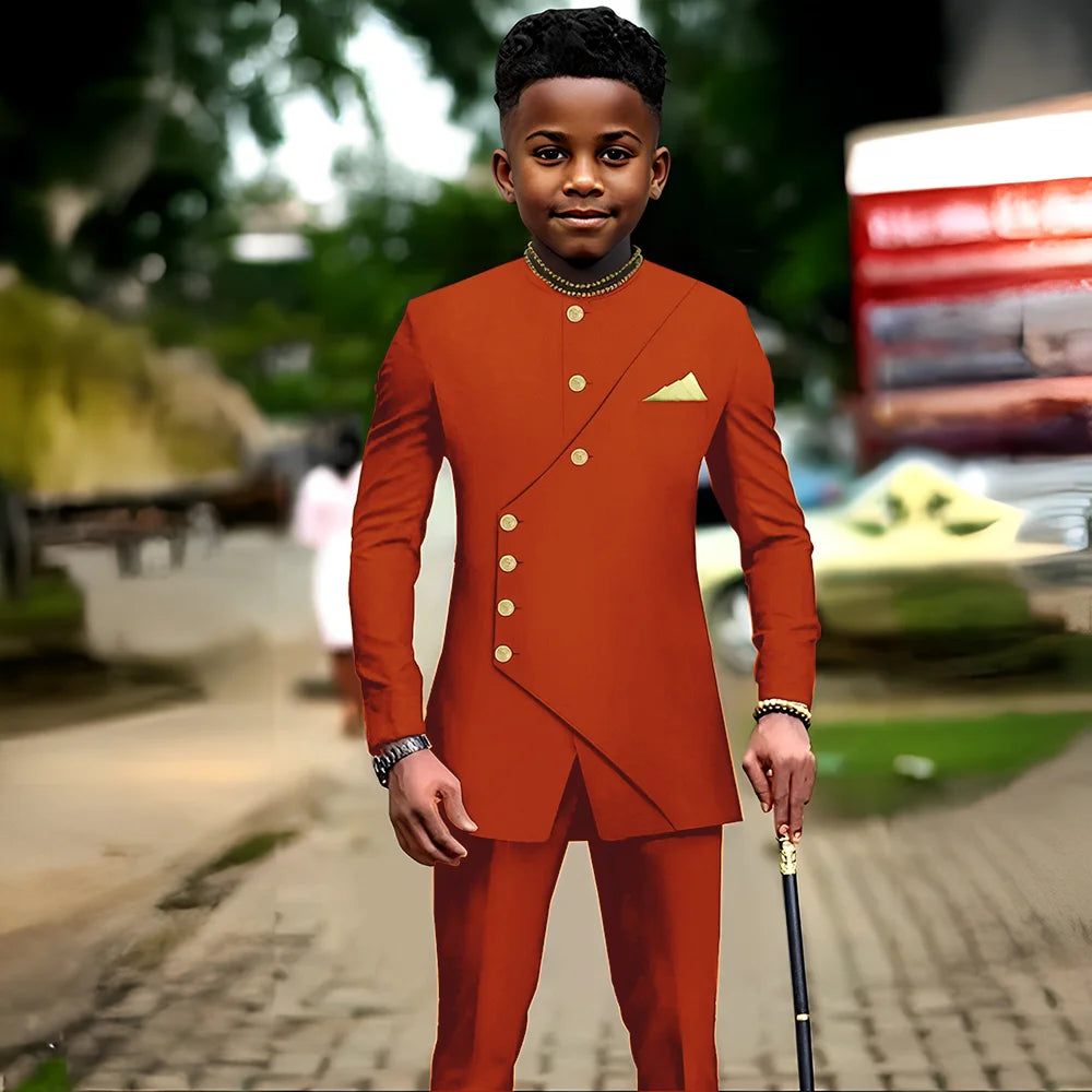 African boys' 2-piece suit with jacket and pants, suitable for party or wedding, by Showlu Fashion for ages 2-16.