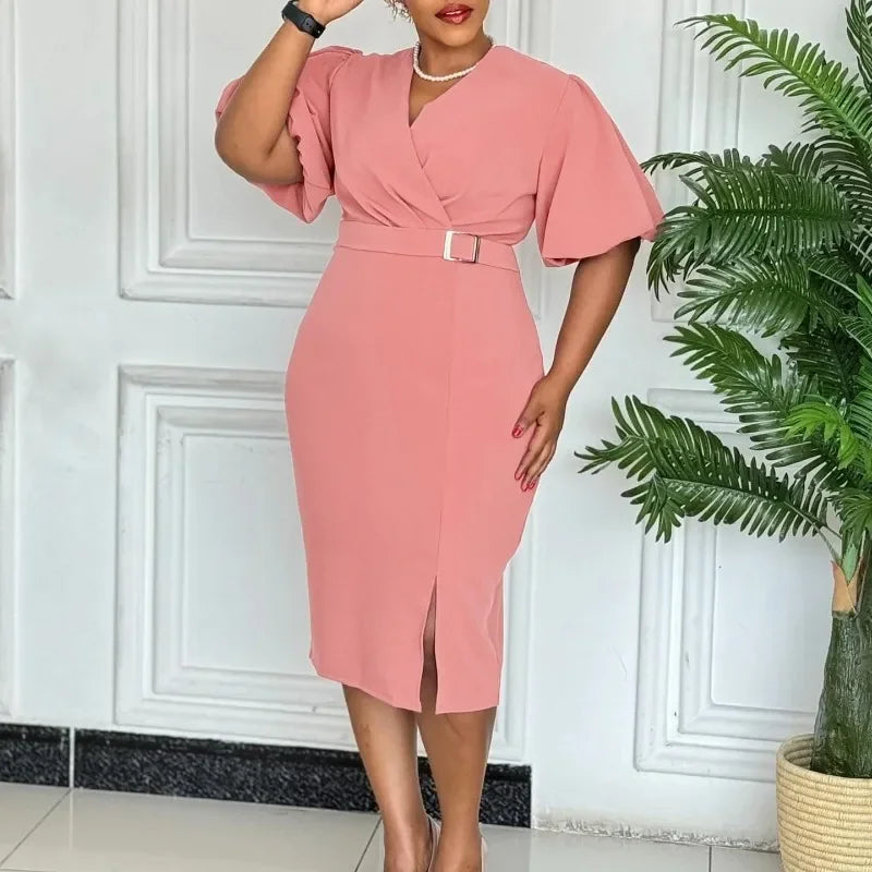 Elegant African dashiki dress for women, summer short sleeve V-neck polyester bodycon outfit in vibrant traditional style.