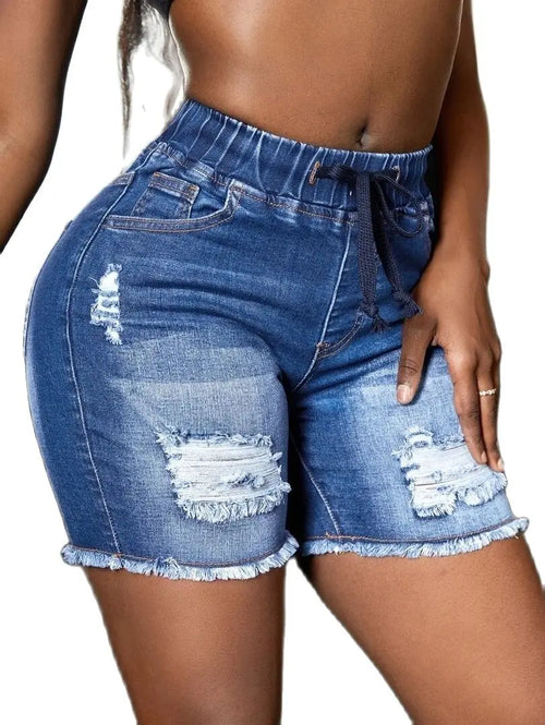 Women's high waist ripped denim shorts with tassels, stylish and casual, featuring distressed details and frayed edges.