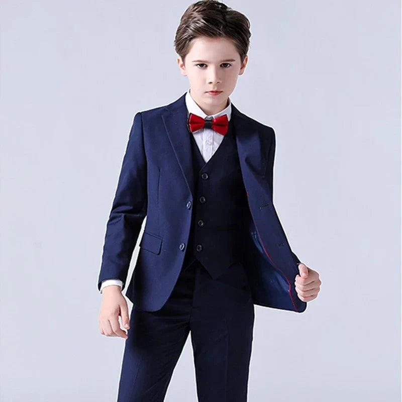 LUOBOBEIBEIC boys' 3-piece plaid formal suit, including jacket, vest, and trousers, perfect for kids' weddings and formal occasions.