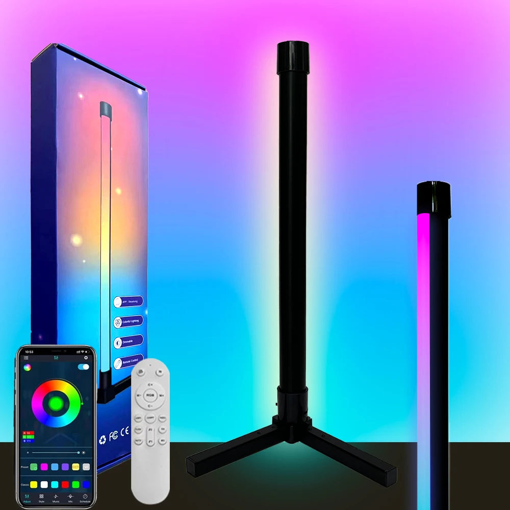 Showlu Smart RGB corner floor lamp with music sync, featuring colorful LED lights and modern design for ambient lighting.
