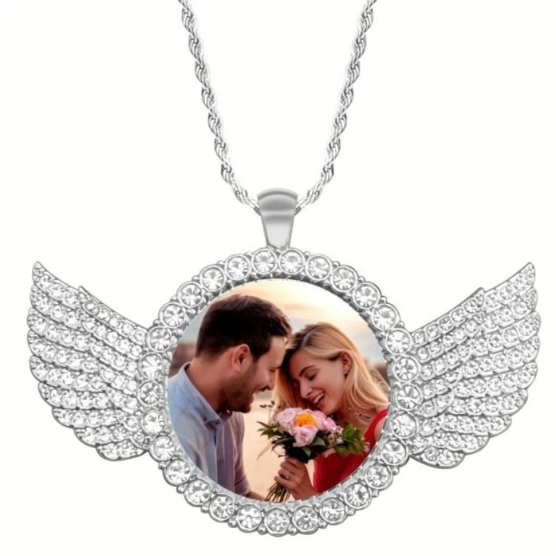 Custom angel wing round photo necklace with personalized pendant, showcasing a memory-themed jewelry piece from Showlu Fashion Store.