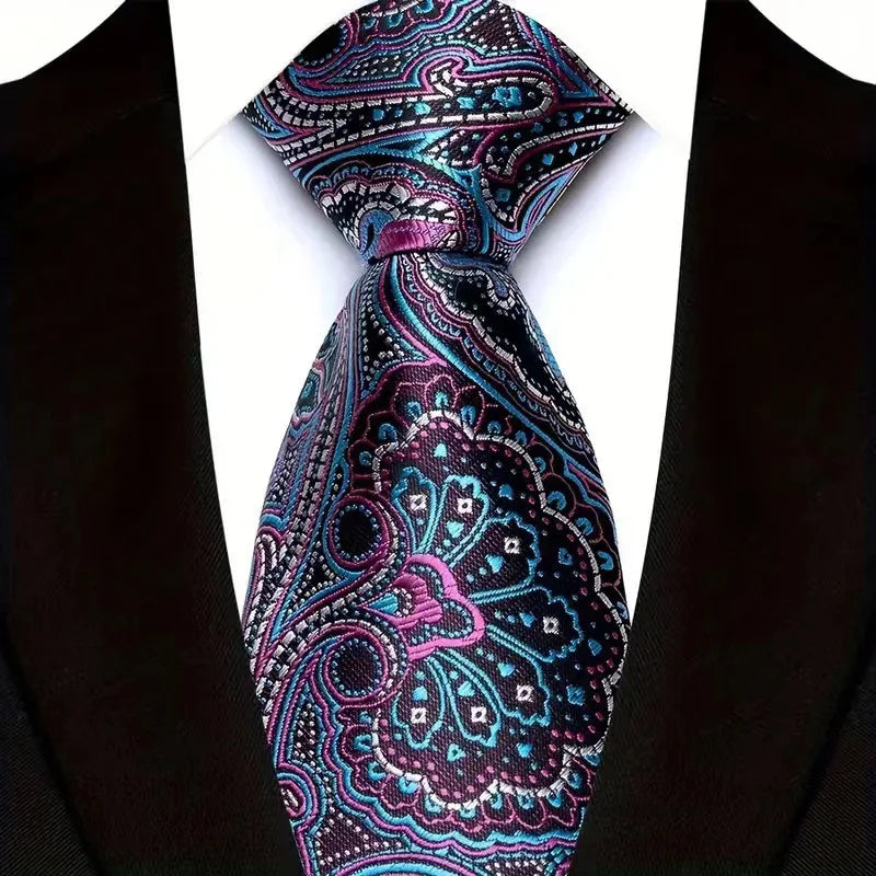 Purple men's necktie with floral plaid and stripe pattern, jacquard woven design suitable for business, wedding, and formal events.