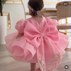 Pink Flower Girl Dress with Big Bow & Floral Details, First Communion & Wedding Party Gown for Toddlers فساتين اطفال