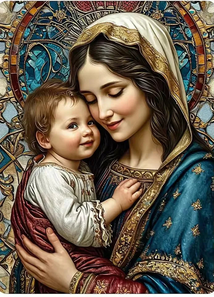 Beadslove Virgin Mary and Jesus 5D diamond painting kit showing colorful full drill design with beads and canvas artwork