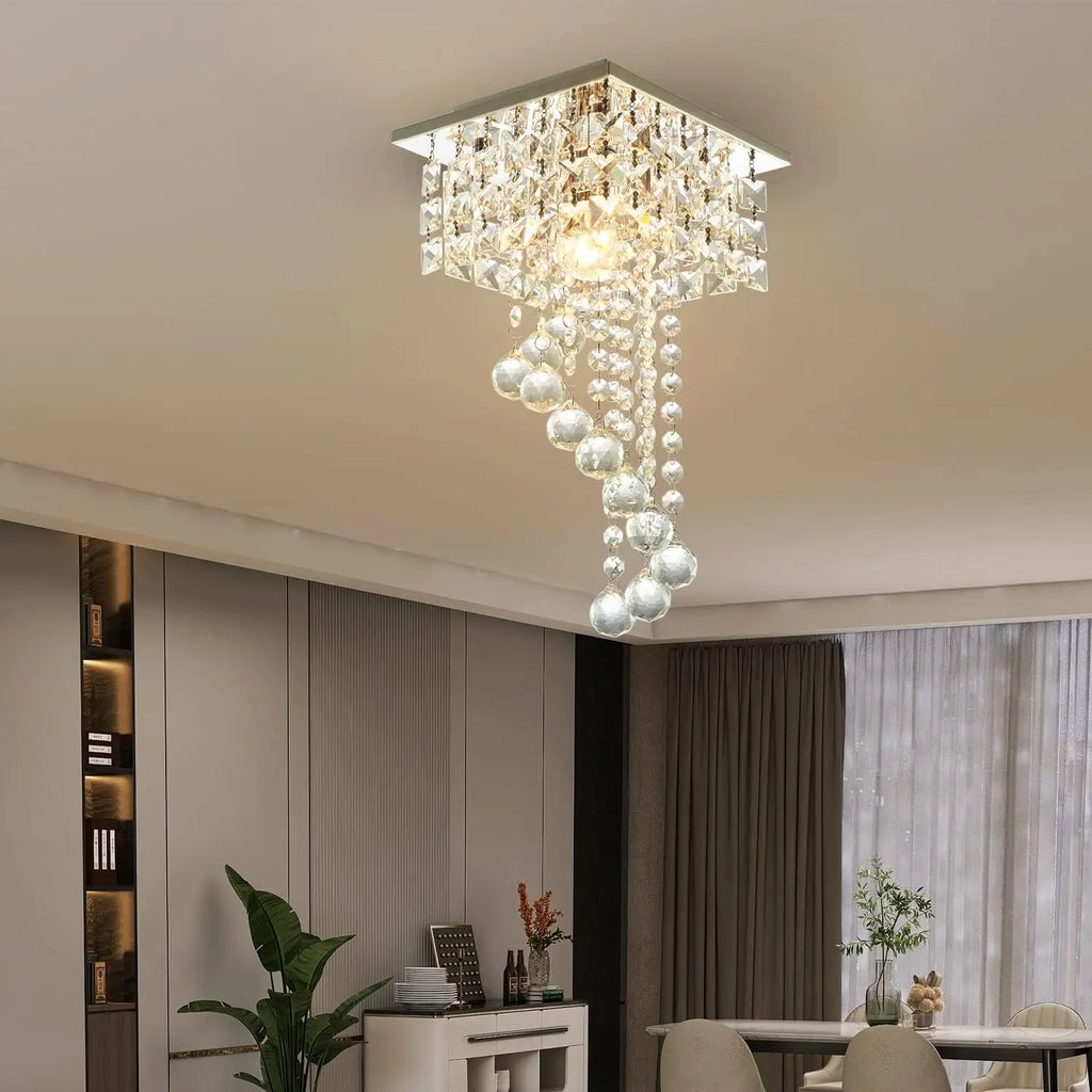 Mini crystal chandelier by Showlu Fashion Store, 7.9-inch square flush mount ceiling light with K9 crystal and stainless steel design.