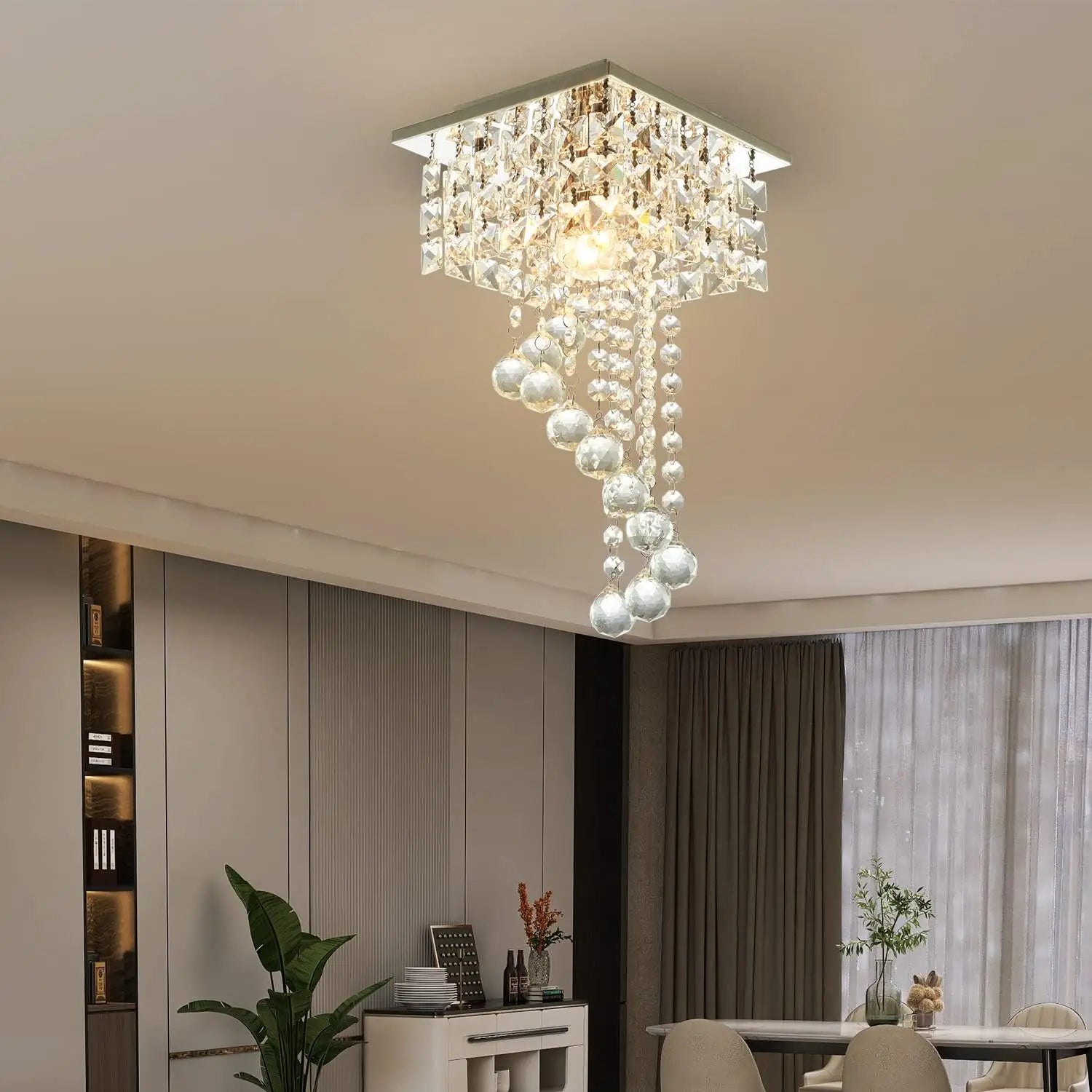 Mini crystal chandelier by Showlu Fashion Store, 7.9-inch square flush mount ceiling light with K9 crystal and stainless steel design.