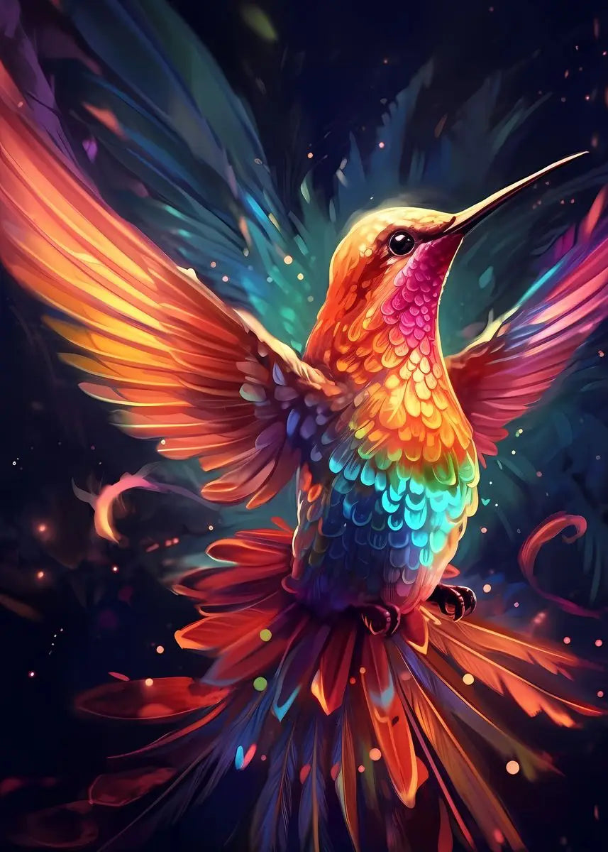 Colorful watercolor hummingbird and flower wall art canvas print, vibrant bird and floral design for home decor.