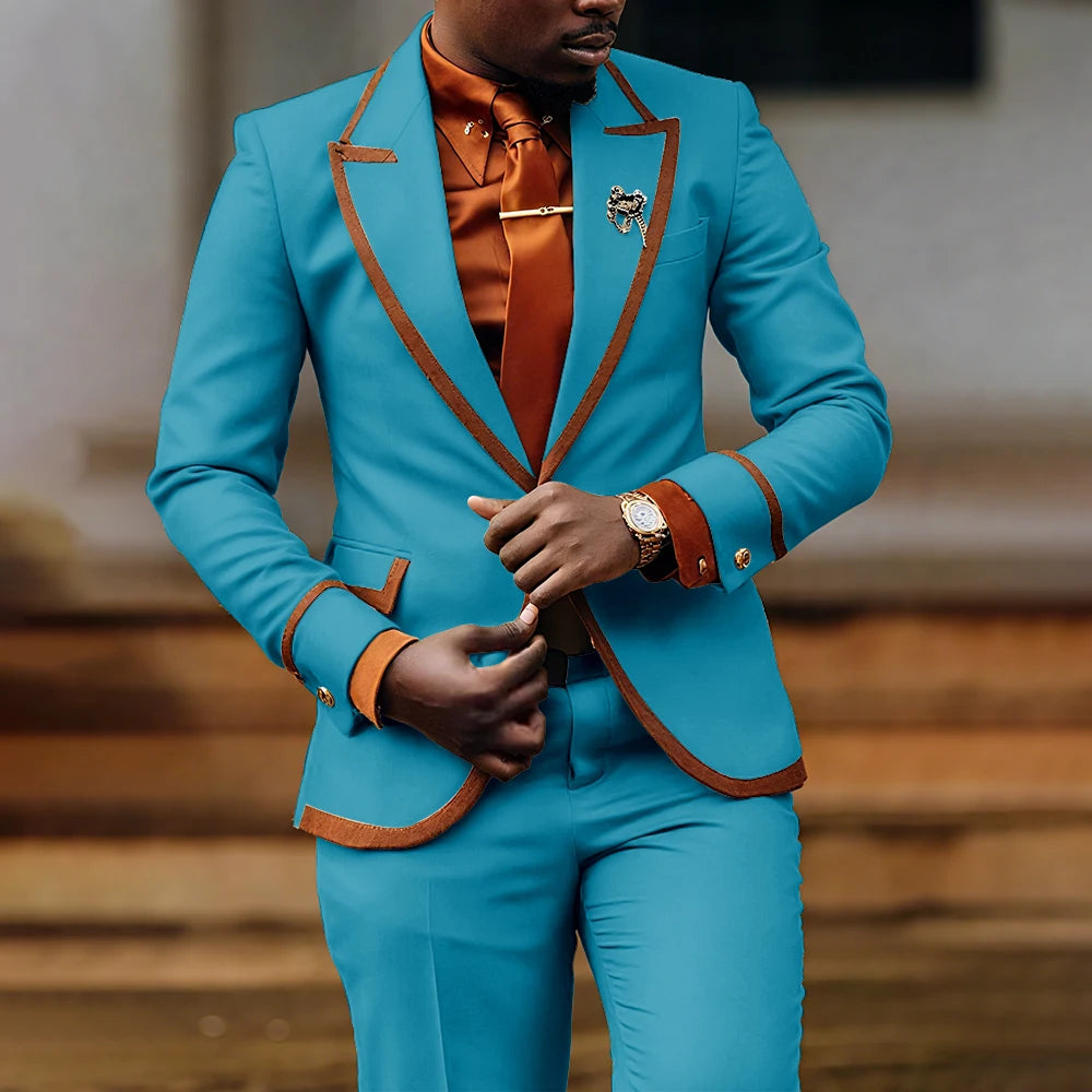Men's slim fit formal suit with jacket and pants, stylish black business attire for evening parties and special occasions.