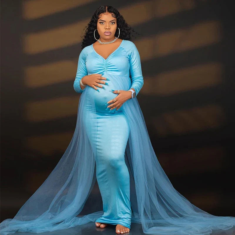 Long sleeve mesh maternity dress with train by SHOWLU FASHION STORE, designed for photoshoots, featuring sheer fabric and elegant silhouette.