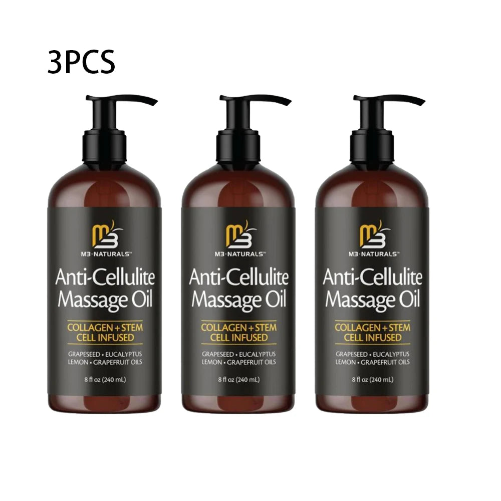Anti-cellulite massage oil by M3 Naturals with collagen and stem cell, 240ml, shown in a clear plastic bottle with a black cap.