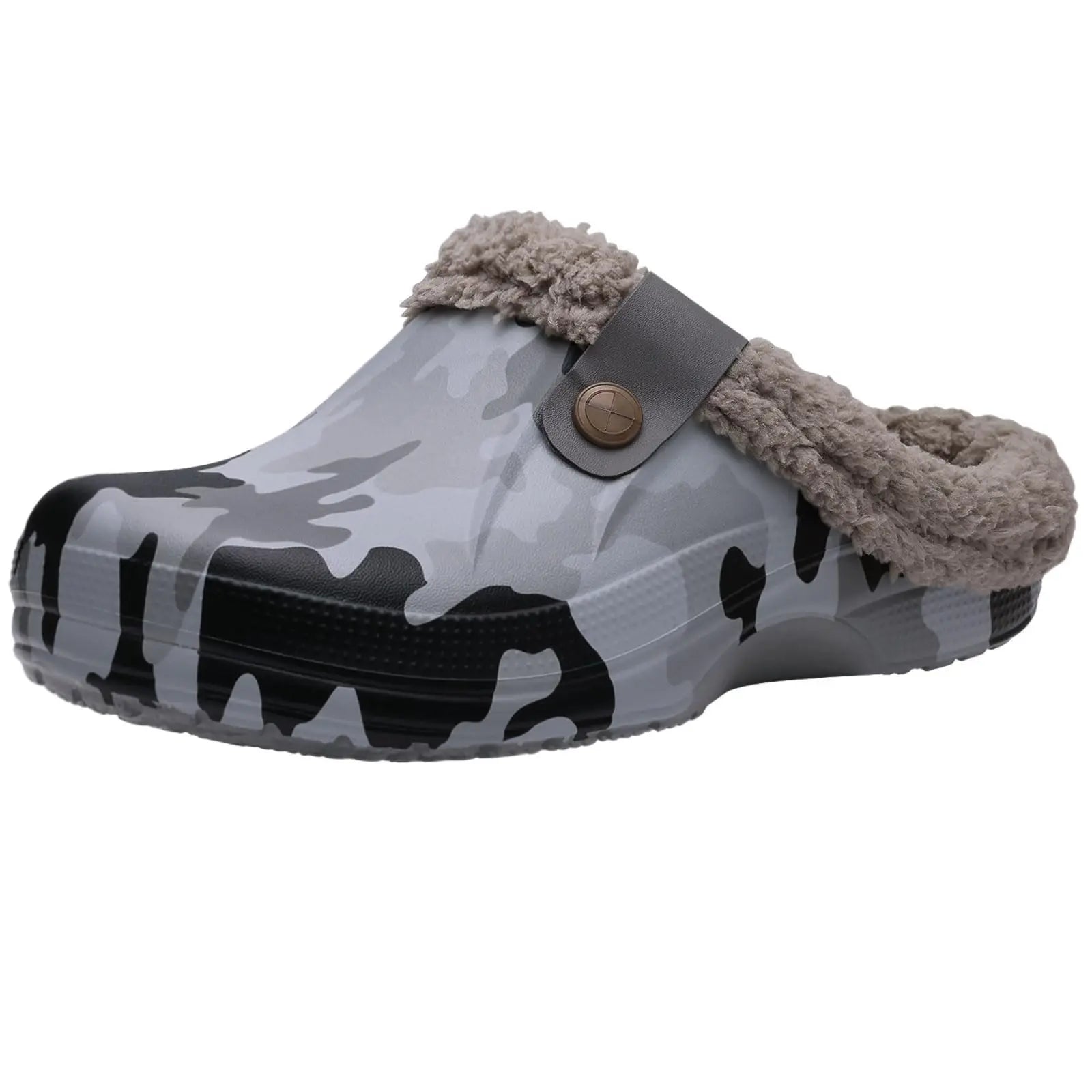 Showlu Fashion Store fuzzy men's clogs slippers with waterproof fur lining, anti-slip soles, perfect for winter indoor or garden use.