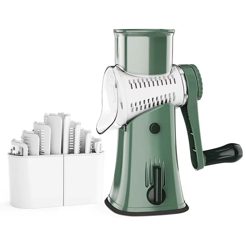 Showlu 5-in-1 rotary cheese grater and stainless steel manual food slicer for versatile cheese and vegetable grating and slicing.