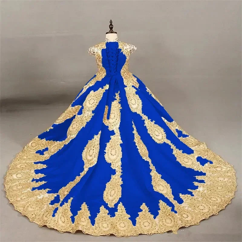 Showlu Fashion Girls' sleeveless ball gown with gold lace embroidery and long train, elegant princess dress for special occasions