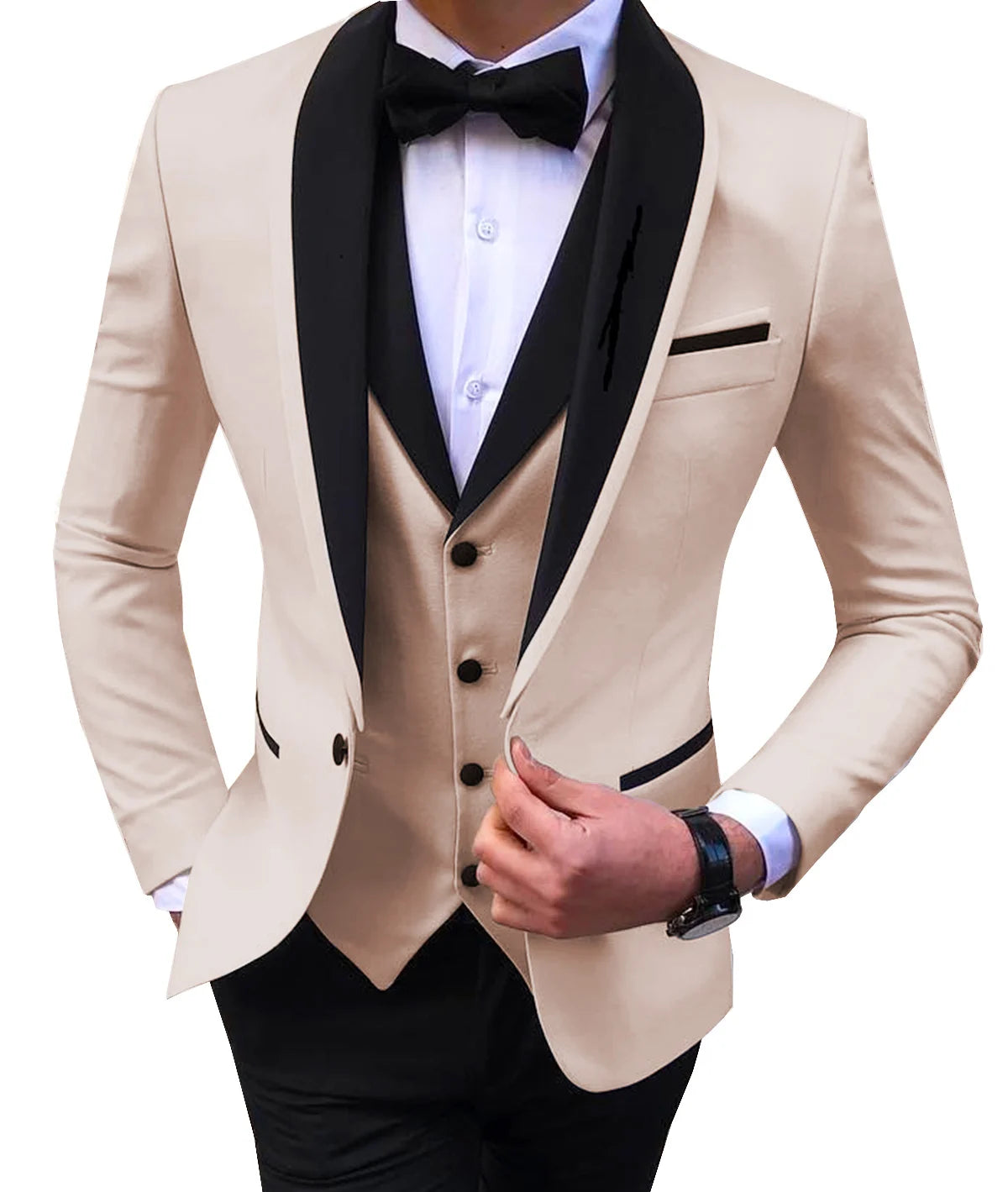 Showlu Smart General men's burgundy suit with black shawl lapel, 3-piece tuxedo for formal events, weddings, and prom.