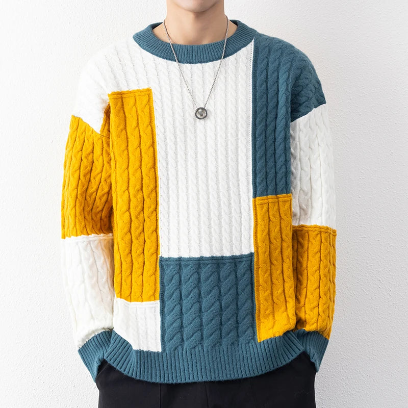 Men's patchwork knit sweater by Showlu Fashion featuring a loose fit, warm winter streetwear style, casual high-quality pullover.