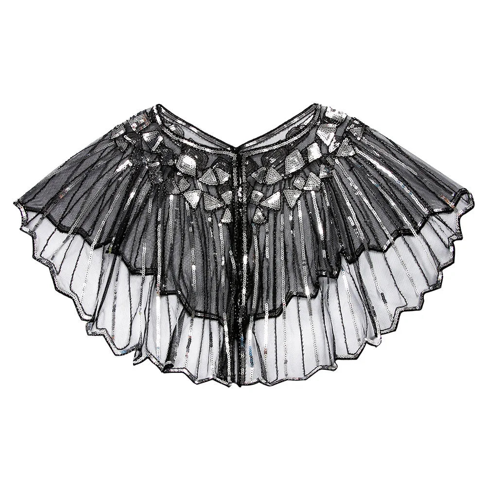 1920s retro beaded sequin flapper shawl, short cape with decorative beads, elegant evening outerwear for ladies.