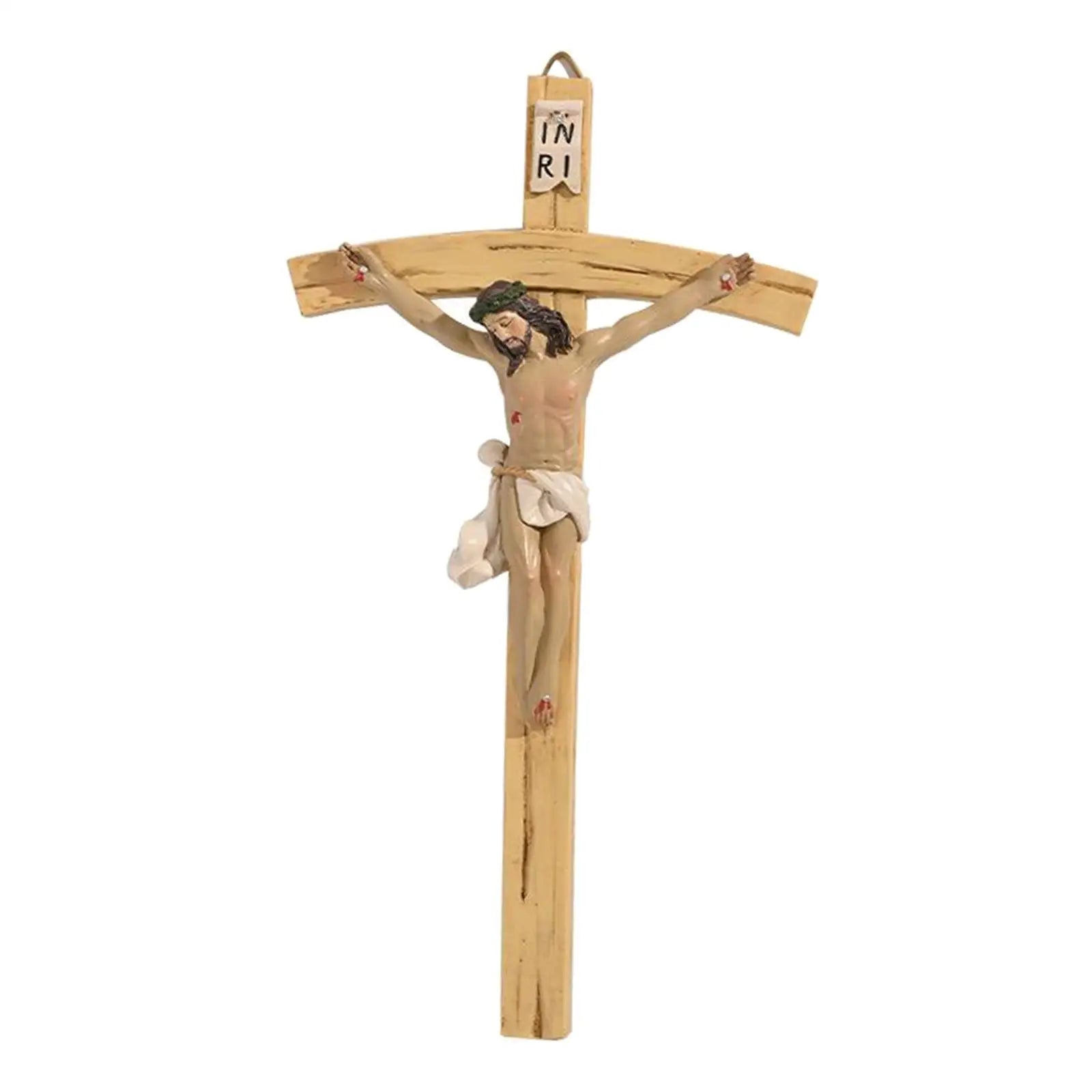 Hand-painted 8.7-inch vintage-style wood and resin Christ INRI wall cross crucifix with carved religious details.