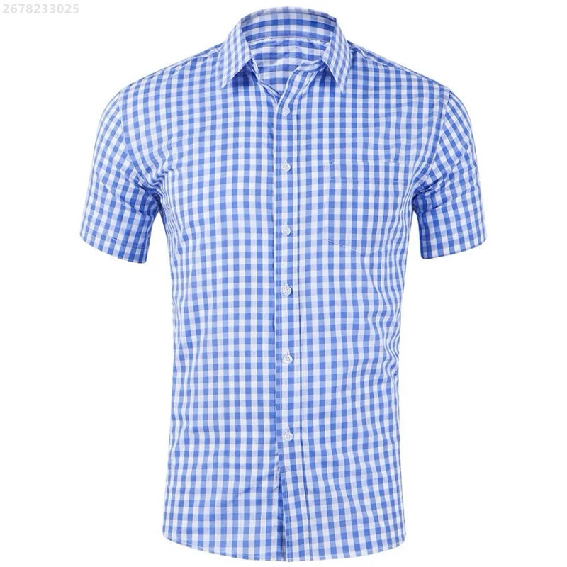 Men's short-sleeved Hawaiian plaid shirt in red and blue, breathable casual streetwear by Showlu Fashion Store.