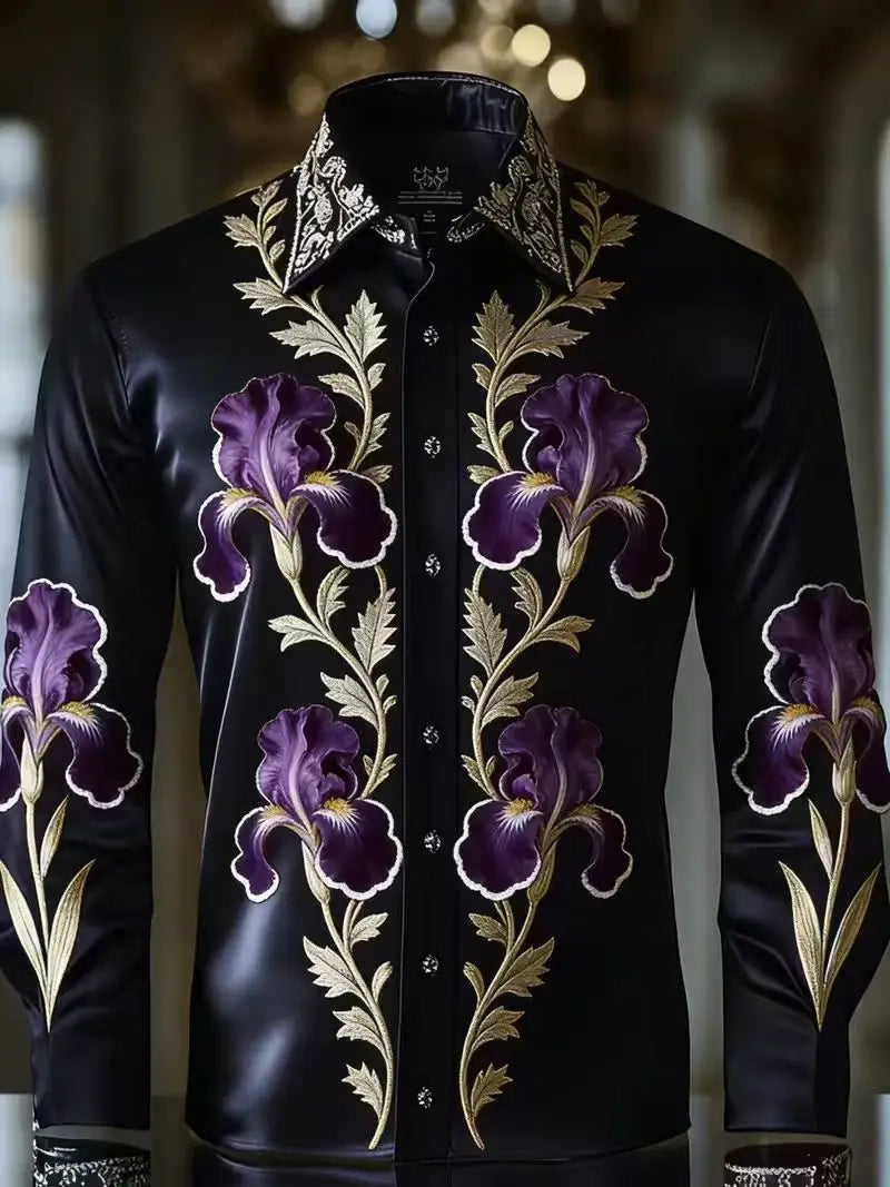 Showlu men's slim fit silk shirt with iris flower 3D print, long sleeves, stylish and elegant for casual or formal wear.