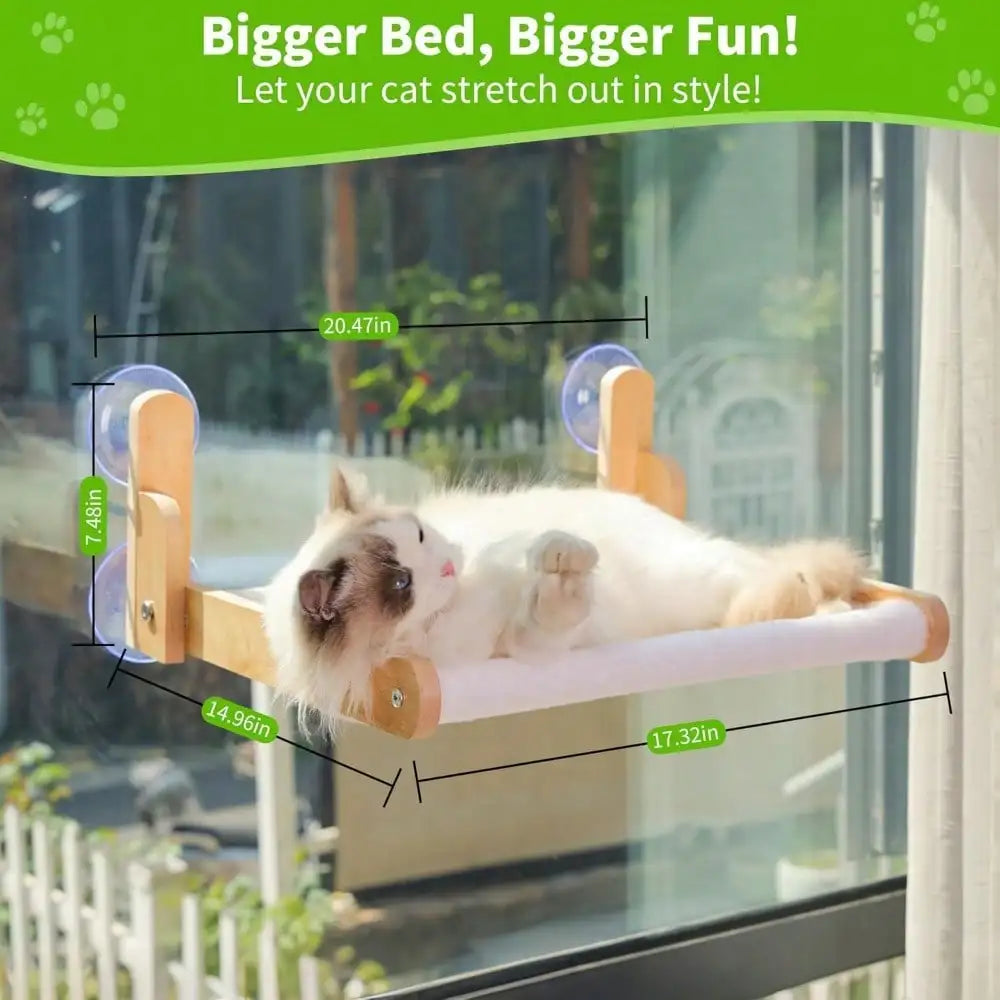 Showlu Wooden Cat Window Perch with cozy faux fur hammock and suction cups for secure attachment.