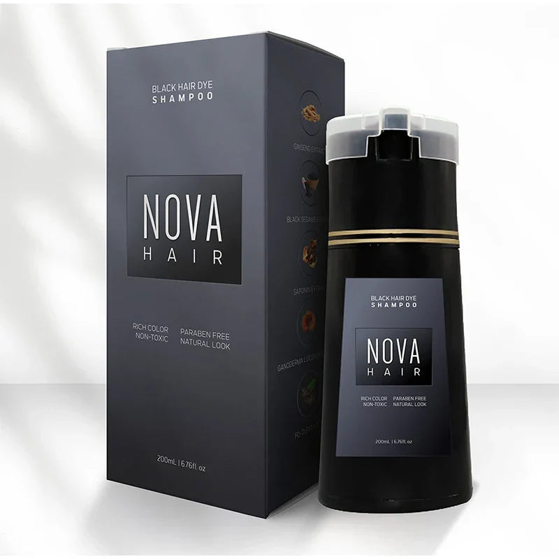 LANBENA 3-in-1 natural black hair dye shampoo for unisex use, showing the bottle with product label and black liquid inside