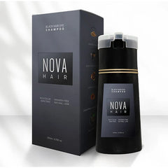 A bottle of Nova Hair black hair dye shampoo stands next to its matching rectangular box.