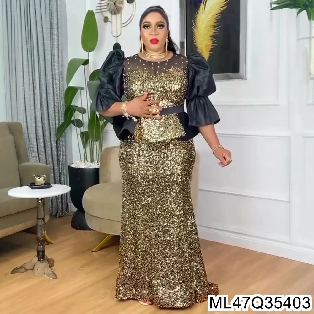Plus size high-waisted fishtail evening dress with heavy sequins, perfect for parties and formal events.