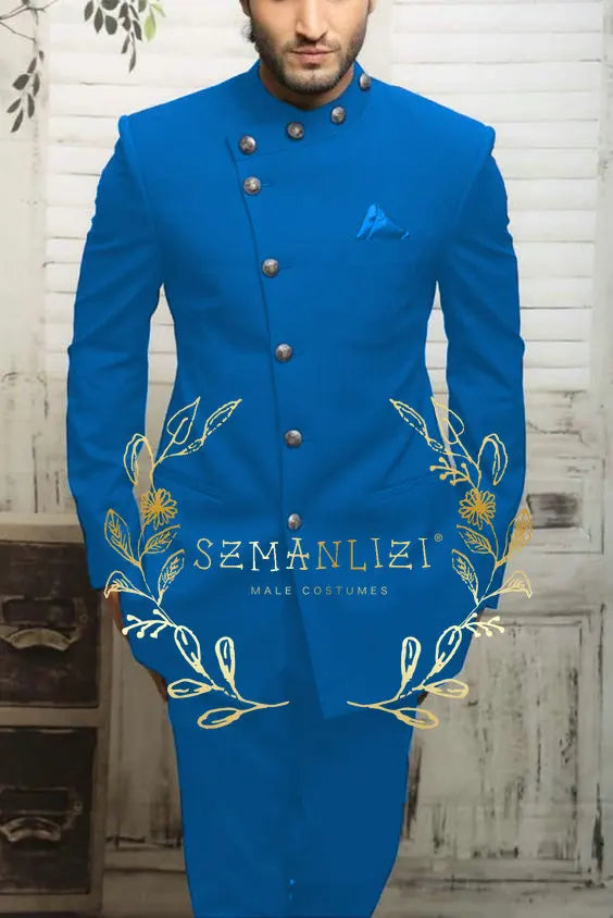 Navy blue Indian design men's suit by Showlu Fashion, slim fit formal blazer with matching trousers for weddings or business events.