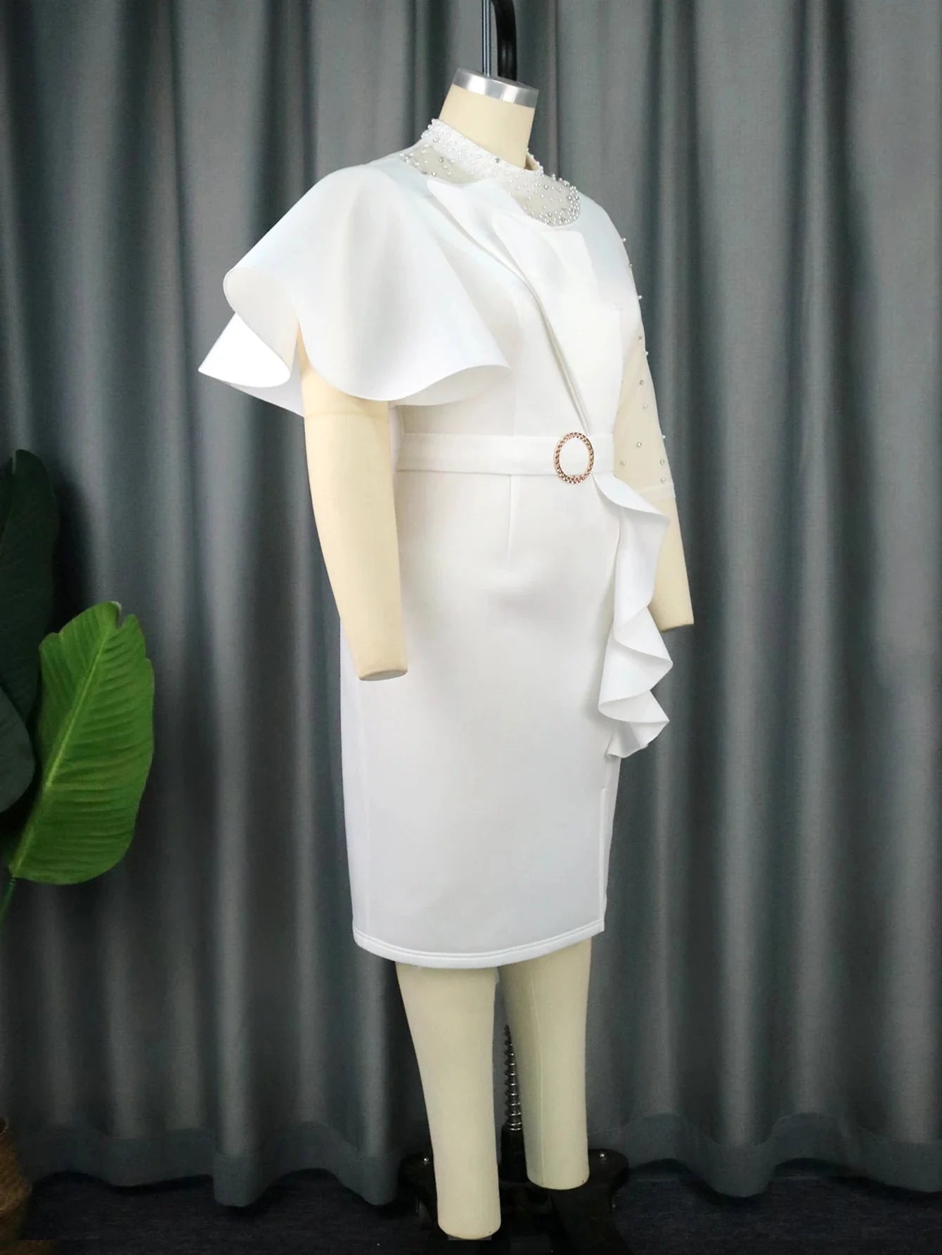 Plus size white peplum bodycon dress with beaded details, designed for women, by SHOWLU FASHION STORE.
