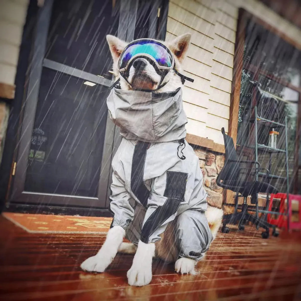 Large dog raincoat by Showlu Fashion Store with reflective waterproof hoodie jumpsuit, designed for outdoor protection and visibility.