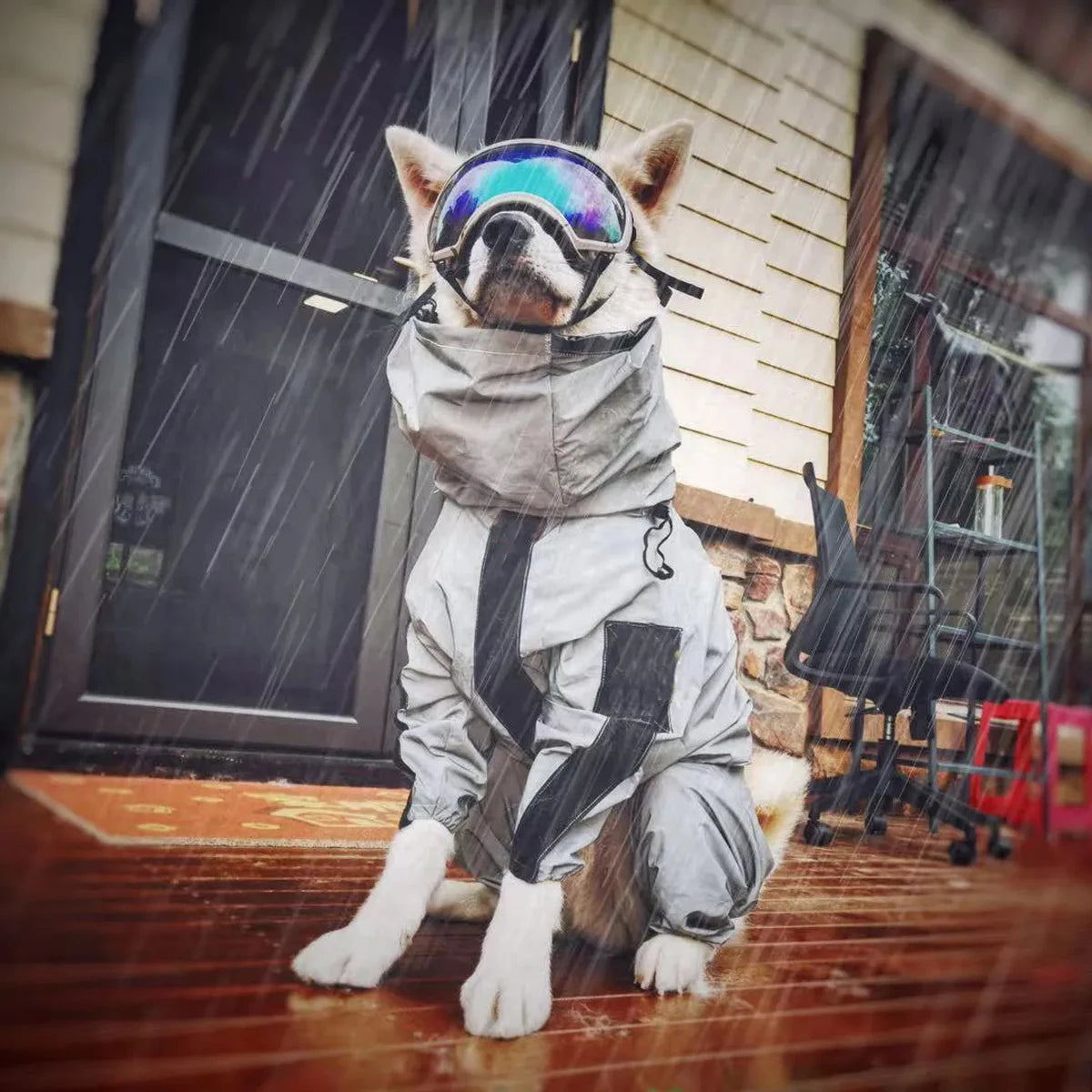 Large dog raincoat by Showlu Fashion Store with reflective waterproof hoodie jumpsuit, designed for outdoor protection and visibility.