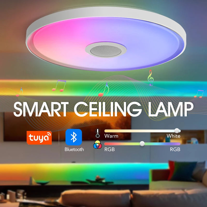 Showlu Smart RGB LED ceiling light with Bluetooth speaker, remote control, and adjustable color lighting in a modern living room setting.