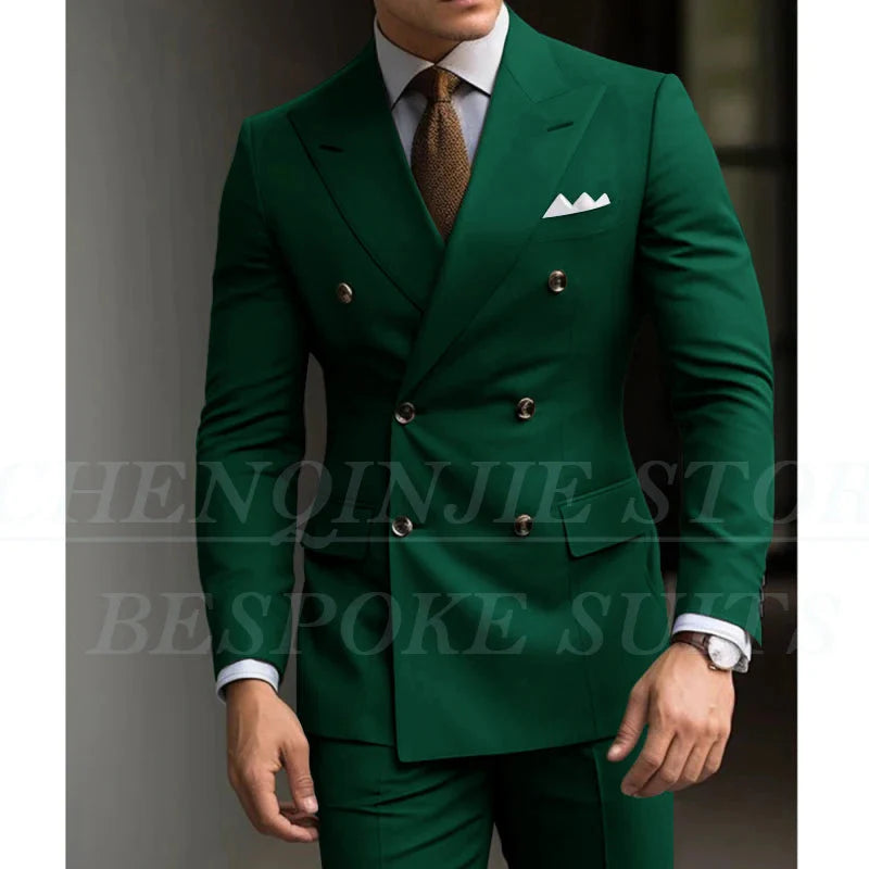 Green men's slim fit 2-piece suit with blazer and trousers, formal wedding attire by Showlu Fashion Store.