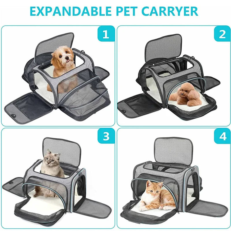 Foldable Showlu Fashion pet carrier bag for cats, portable travel bag with mesh sides and comfortable handles for easy carrying.