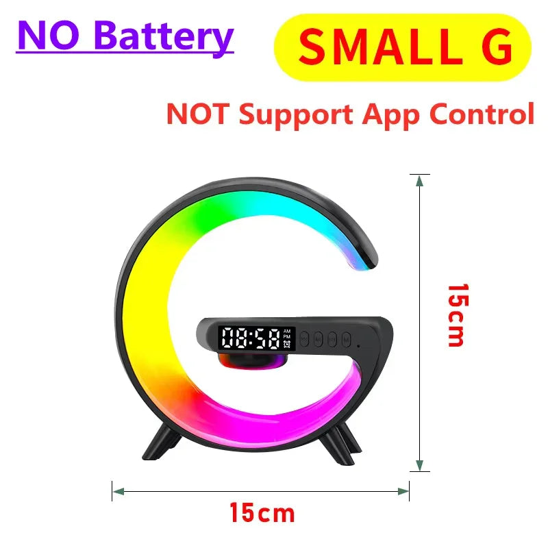 Opansten 15W wireless charging lamp with RGB LED, Bluetooth speaker, and alarm clock displaying a sleek modern design.