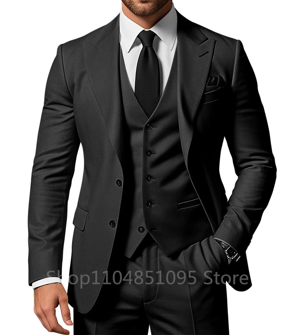 Three-piece men's wedding suit set with peak lapel tuxedo jacket, matching pants, and vest, stylish formal attire for men.