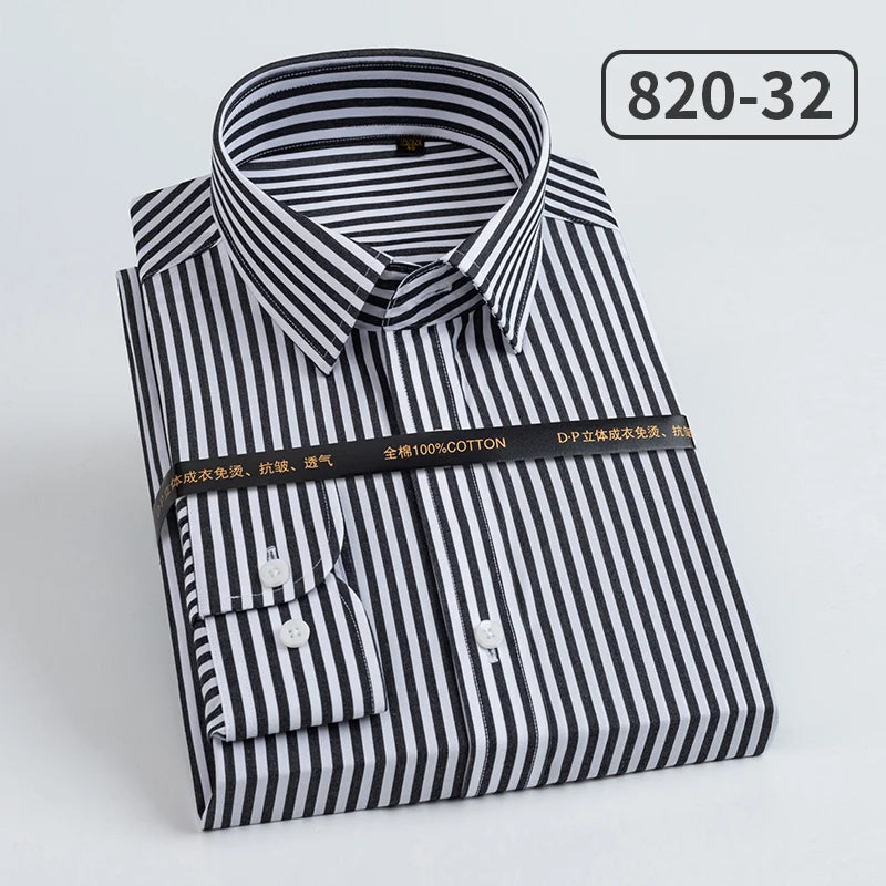 Men's slim fit cotton long sleeve shirt with striped pattern, heterochromatic collar, wrinkle-resistant fabric from Showlu Fashion.