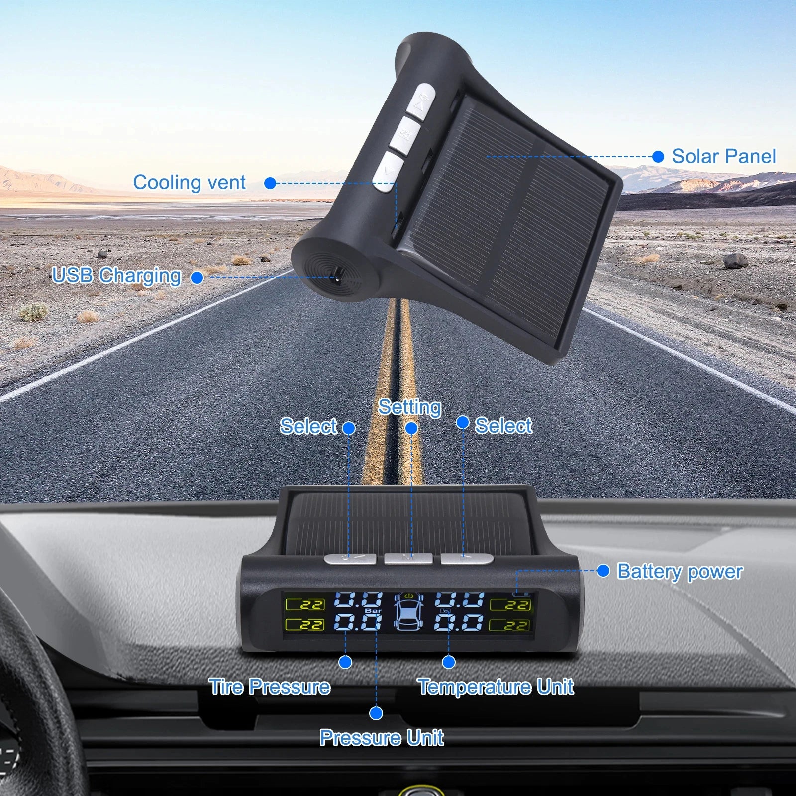 Showlu Smart General car tire pressure monitor displaying digital screen with tire pressure readings and sensor components.