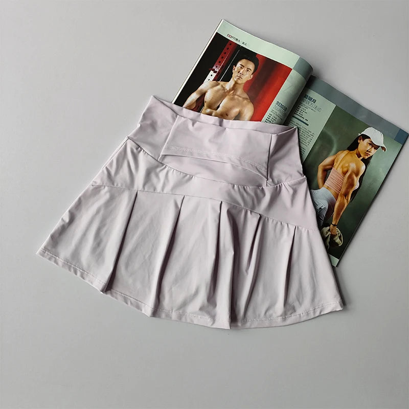 High waist summer sports skirt with lined shorts, suitable for yoga, running, tennis, and golf, in moisture-wicking quick-dry fabric.