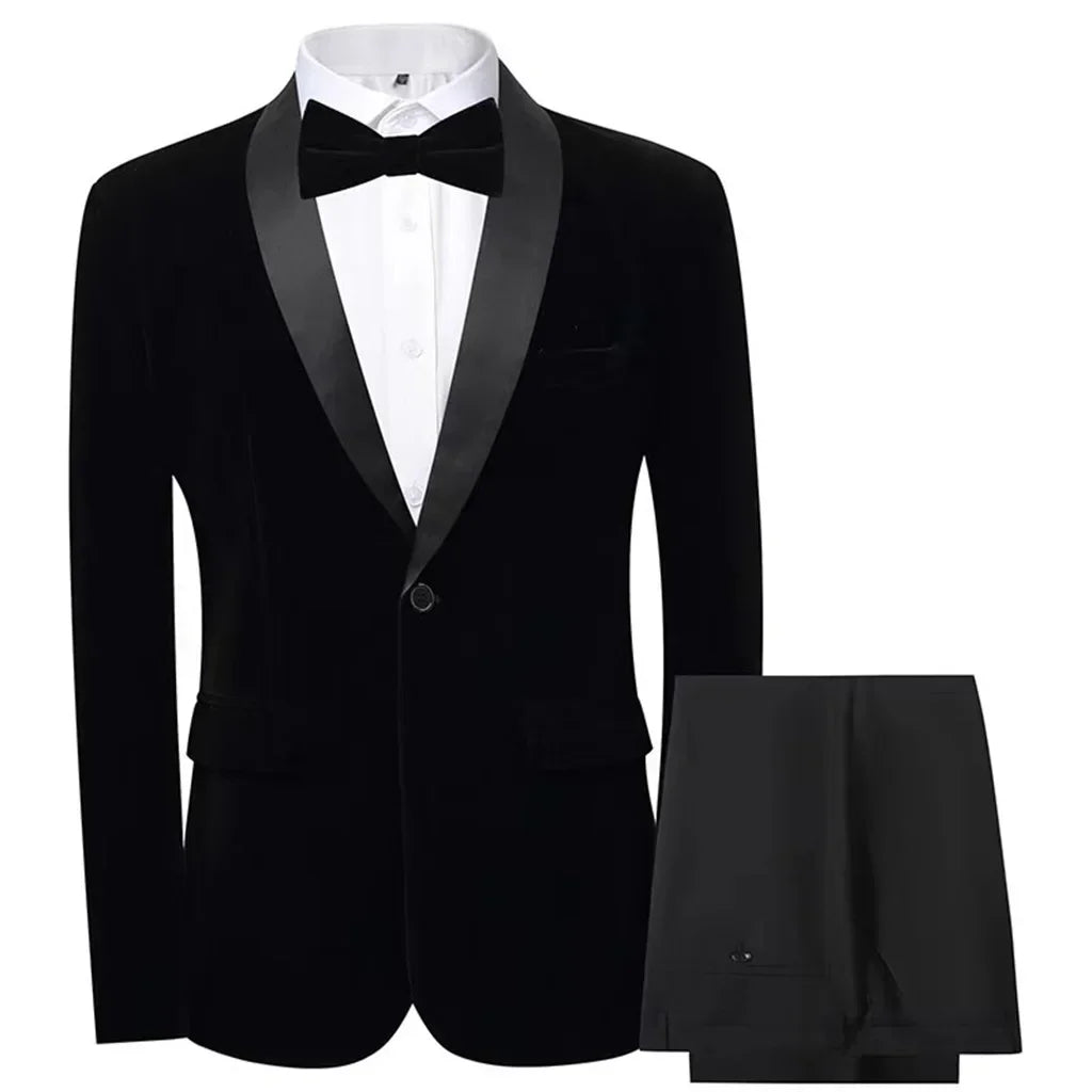 Men's velvet slim fit tuxedo suit set by Showlu Fashion, featuring a stylish 2-piece suit with tailored fit and elegant design.