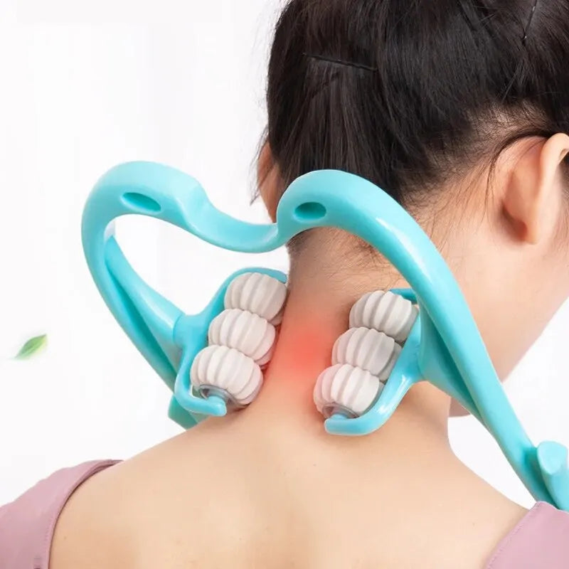 SHOWLU Six Wheel Cervical Massager in black, manual neck and shoulder roller for muscle relief and tension relief.
