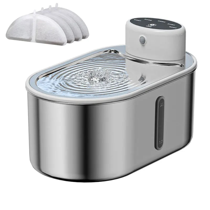Stainless steel VOFORD 3.0L wireless cat water fountain with motion sensor, featuring a sleek design and water flow for pets